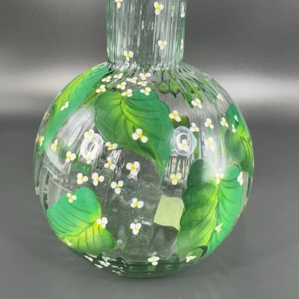 Elegant Impression By Trish Hand Painted Glass Vase‎ Vessel Green Floral Pattern